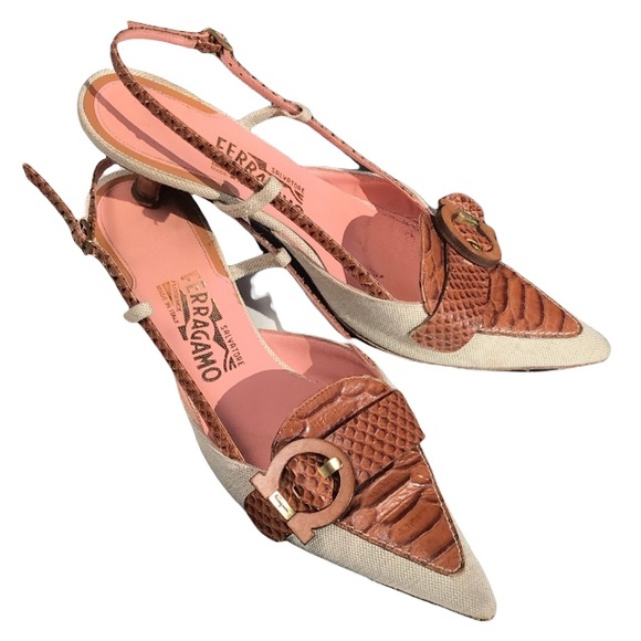 Salvatore Ferragamo Shoes - Ferragamo Snakeskin & Canvas Mules / Slingbacks